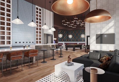 A modern living room with a bar area and a television.