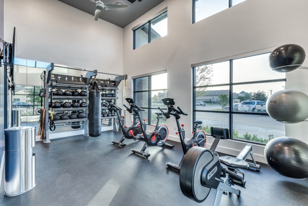 the gym at the flats at big tex apartments