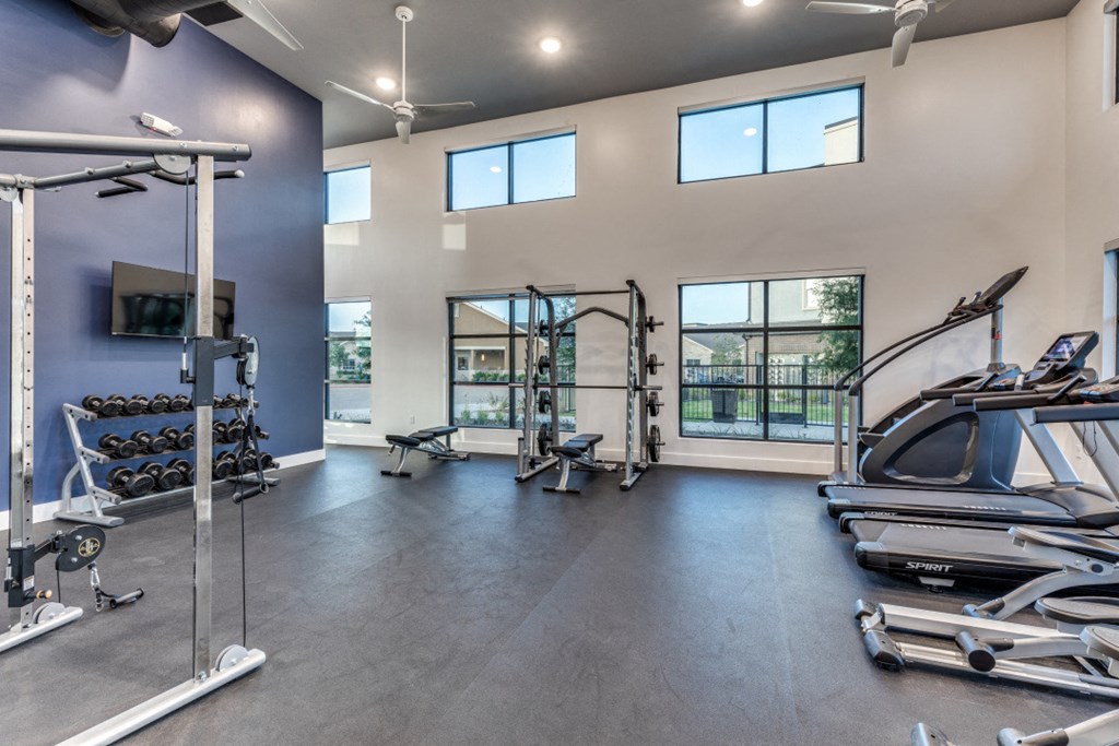 a gym with weights and cardio equipment and windows