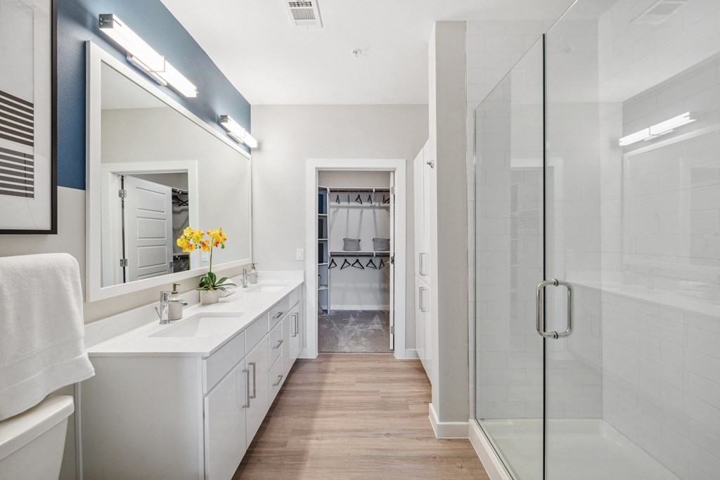 a white bathroom with two sinks and a shower