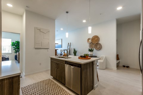 an open kitchen and living room with a sink and a dishwasher