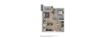 A floor plan of a small apartment with a living room, kitchen, bathroom, and two bedrooms.
