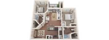A top-down view of a two-story apartment with a living room, kitchen, and bedrooms.