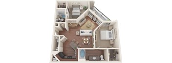 A detailed 3D floor plan of a small apartment with a living room, kitchen, and bathroom.