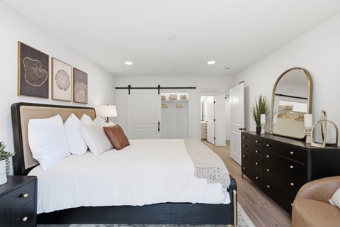 A bedroom with a large bed and a dresser with a mirror.