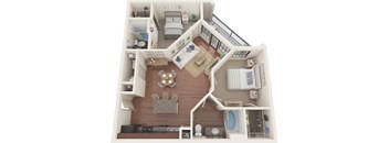 A top-down view of a small apartment with a living room, kitchen, and bathroom.