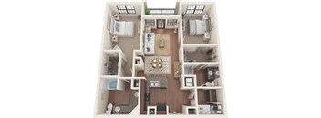 A top-down view of a small apartment with a kitchen, living room, and bedrooms.