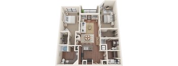 A top-down view of a small apartment with a kitchen, living room, and bedrooms.