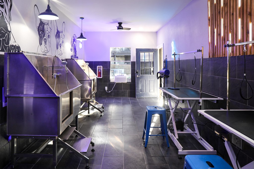 a kitchen with a bunch of stainless steel sinks and stools