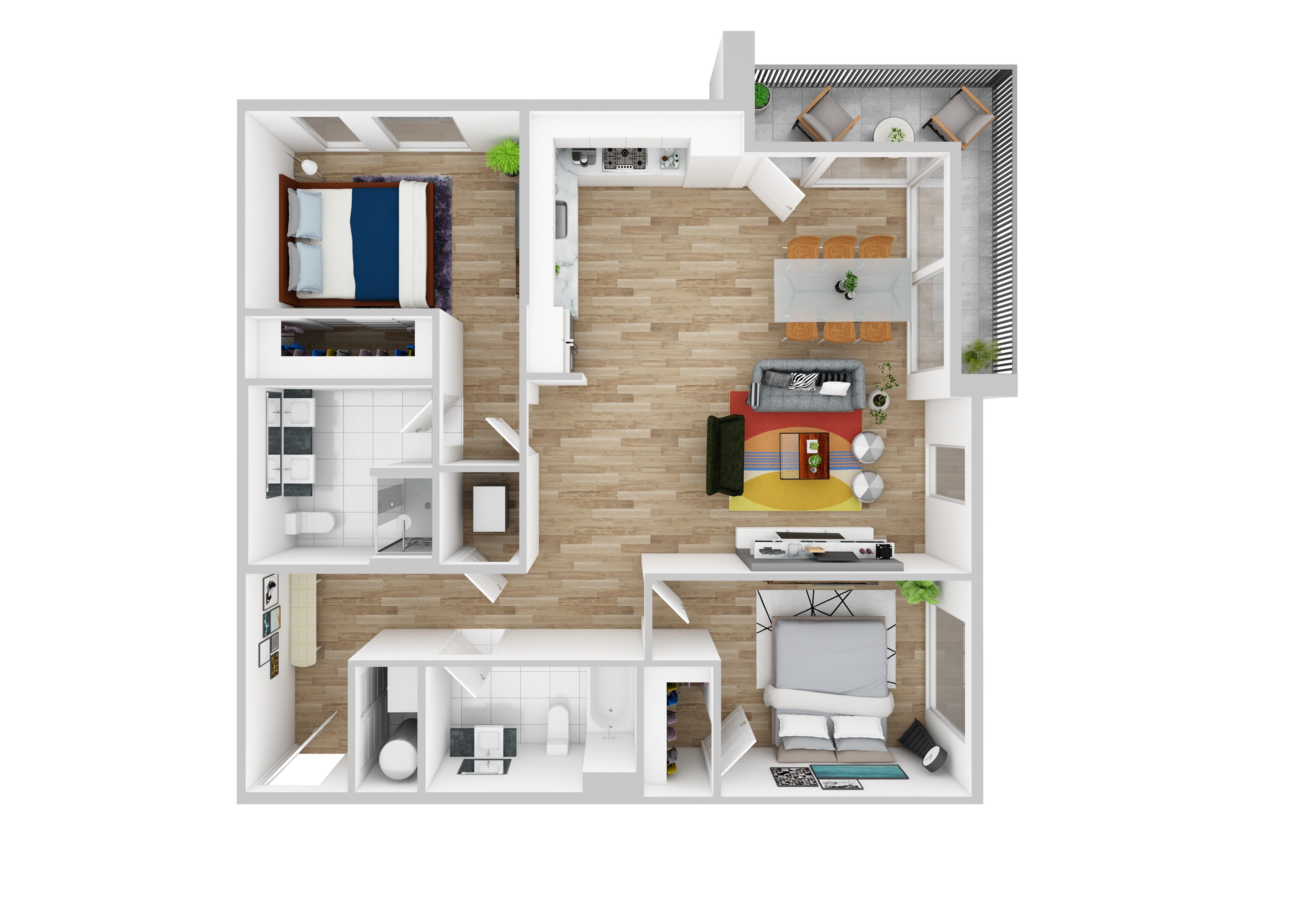 A white and wood floor plan of a small apartment.