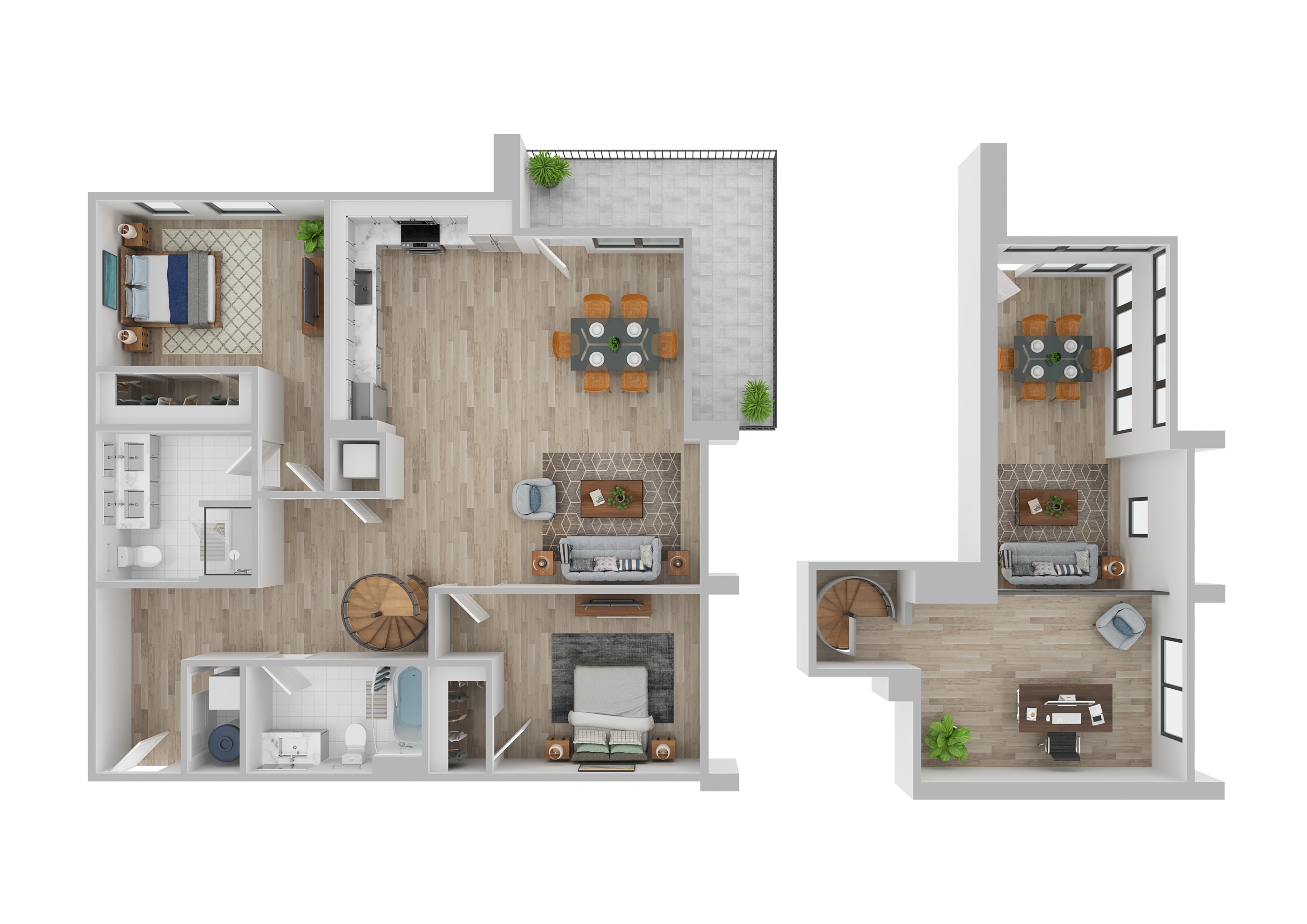 A 3D floor plan of a house with a living room, kitchen, and bedrooms.