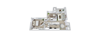 A 3D floor plan of a house with multiple rooms and furniture.