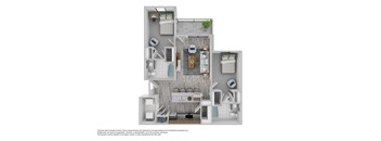 A floor plan of a house with a kitchen, living room, and two bedrooms.