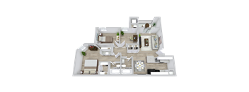 A 3D floor plan of a house with multiple rooms and furniture.