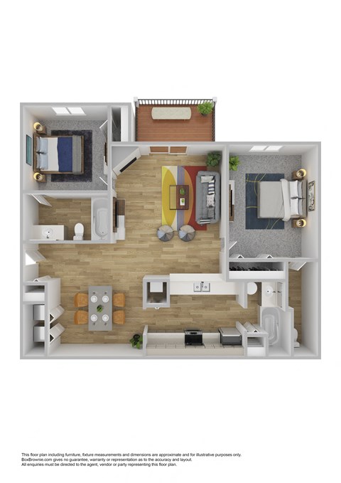 A floor plan of a two-bedroom apartment with a living room, kitchen, and bathroom.