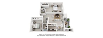 A 3D floor plan of a house with multiple rooms.