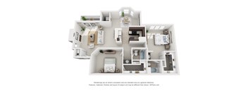 A 3D floor plan of a house with a kitchen, living room, and bedrooms.