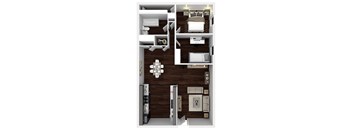 A 3D floor plan of a small apartment with a kitchen, living room, and bedroom.