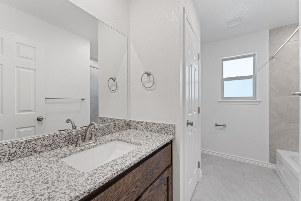a bathroom with a sink and a mirror and a shower