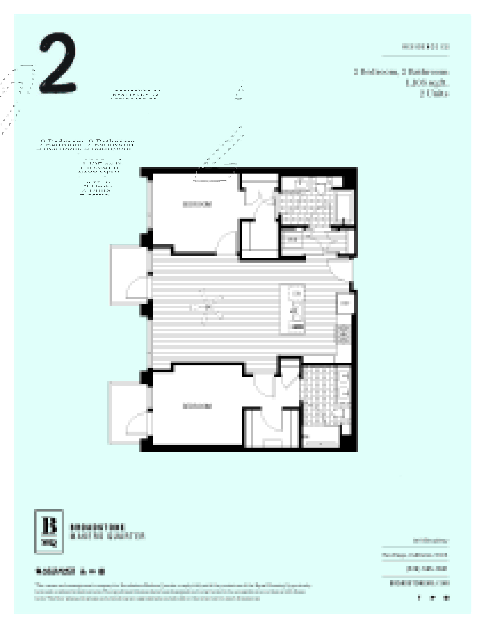 A floor plan for a residence with two bedrooms and two bathrooms.