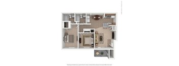 a stylized floor plan with a bedroom and living room