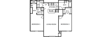A floor plan of a house with a laundry room, kitchen, two bathrooms, and two bedrooms.