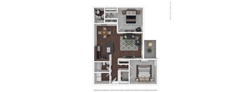 A floor plan of a two-bedroom apartment with a living room, kitchen, and bathroom.