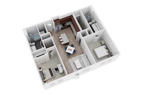A 3D floor plan of a house with a kitchen, living room, and bedrooms.