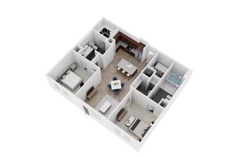 A 3D floor plan of a house with a kitchen, living room, and two bedrooms.