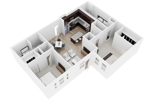 A white 3D floor plan of a house with a kitchen, living room, and bedrooms.
