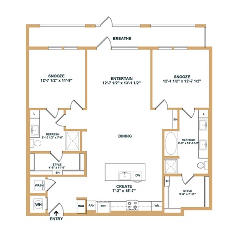 A floor plan of a house with a dining area, bathrooms, and bedrooms.