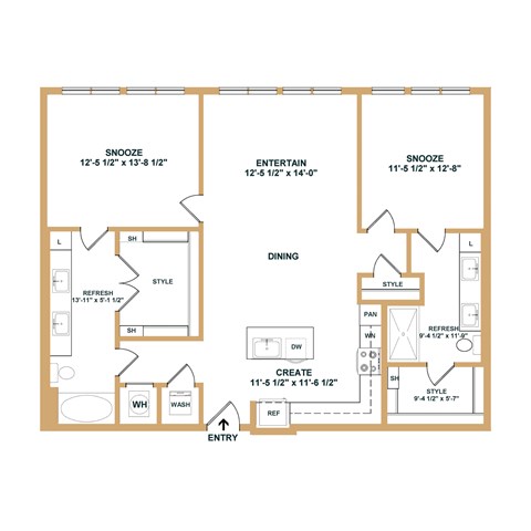A floor plan of a house with a snooze area, dining area, and a bathroom.
