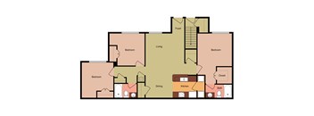A floor plan of a house with a living room, dining room, kitchen, and four bedrooms.