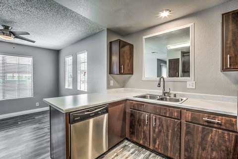 A modern kitchen with a stainless steel dishwasher and wooden cabinets.