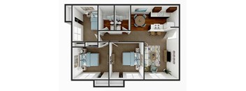 A floor plan of a small apartment with two bedrooms, a bathroom, and a living area.