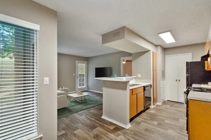 a kitchen and living room with a sink and a window