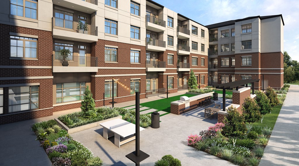 a rendering of an apartment complex with a courtyard and benches