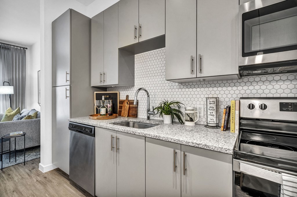 Gray kitchen style with stainless steel appliances