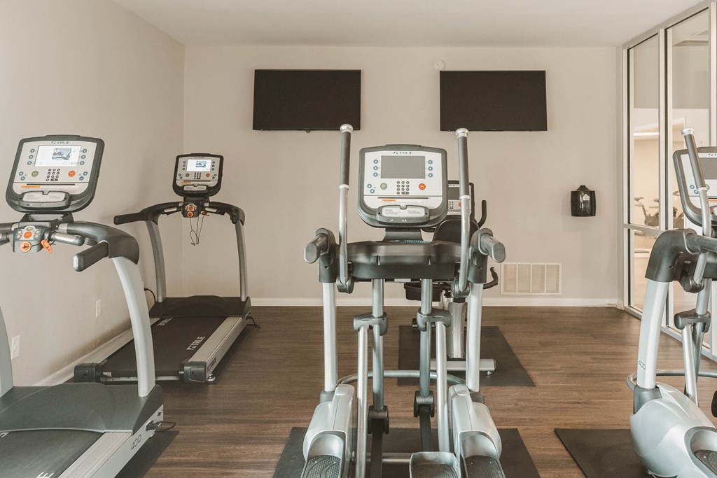 a row of exercise machines in a gym