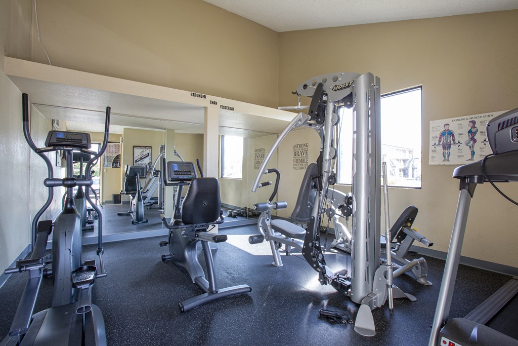 a gym with cardio equipment and weights on the floor