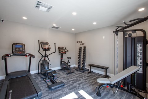 A gym with a treadmill, elliptical trainer, and other exercise equipment.