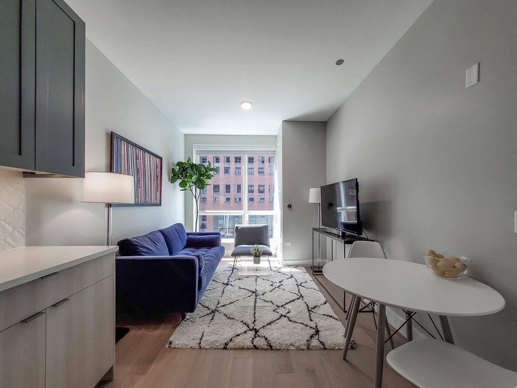 A living room with a blue couch and a television.