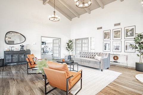 a living room with couches and chairs and a rug