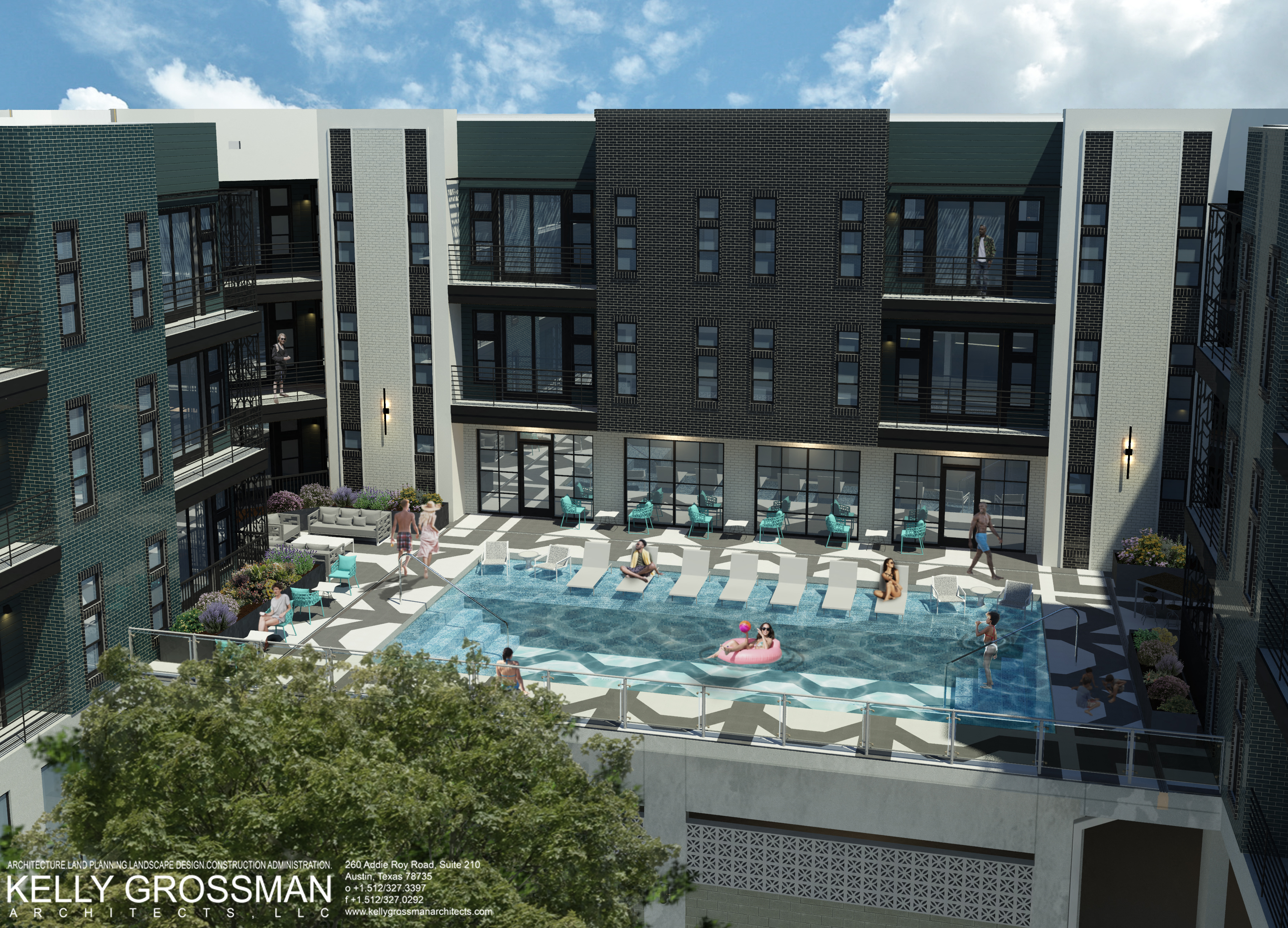 a rendering of the pool at kelley crossman apartments