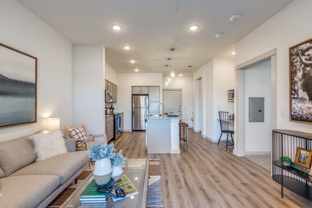 a living room with a couch and a table
