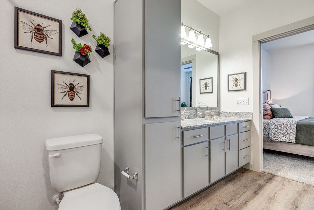 a bathroom with a toilet and a vanity with a mirror