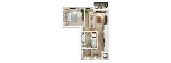 A top-down view of a modern apartment layout.