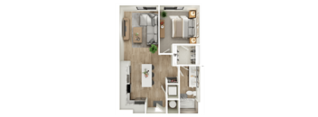 A top-down view of a modern apartment layout with a kitchen, living room, and bathroom.