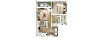 A top-down view of a modern apartment with a kitchen, living room, and bathroom.