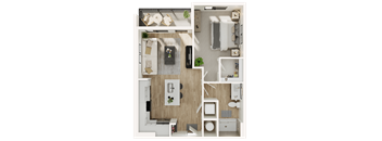 A top-down view of a small, neatly organized apartment with a kitchen, living room, and bathroom.
